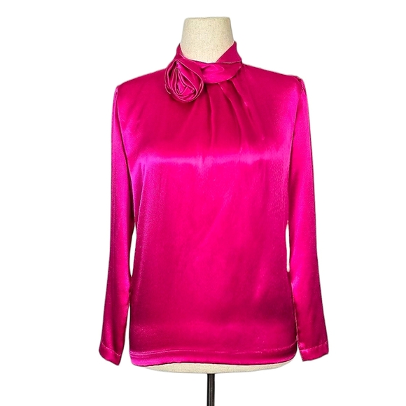1980s Vintage Blouse 80s Shirt Hot Pink Magenta Size M/L Medium Large Rose Pin - Picture 1 of 6